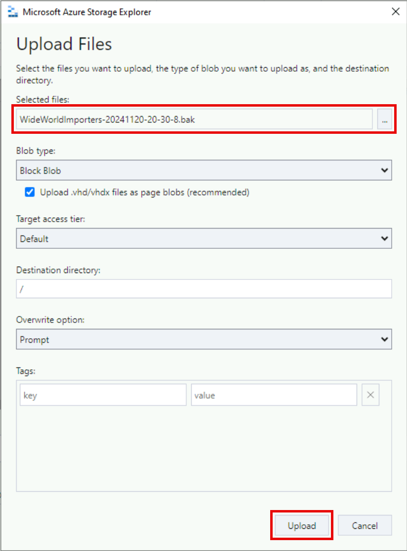 The Upload Files dialog box is shown with the sql database backup file selected within the Selected filed field.