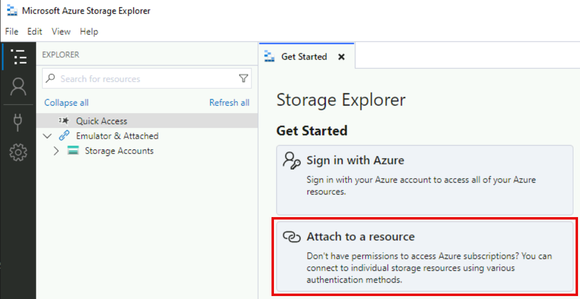 The Azure Storage Explorer window is shown with the Attach to a resource button highlighted.