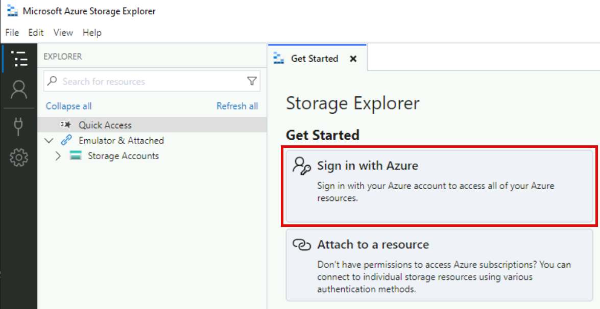The Azure Storage Explorer window is shown with the Sign in with Azure button highlighted.