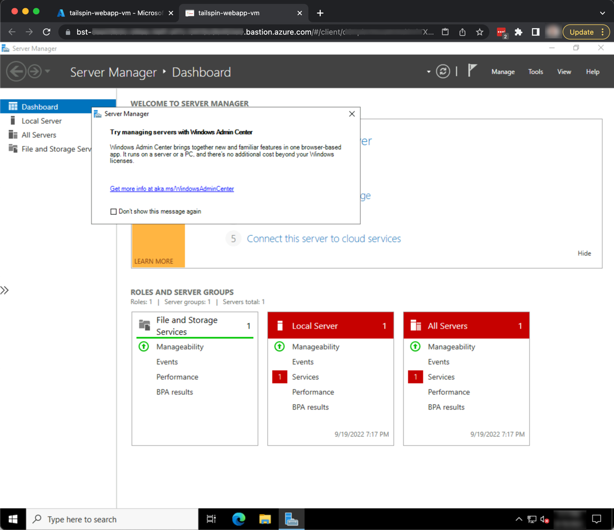 A browser window is shown open with Bastion connected to a remote desktop session to the VM.