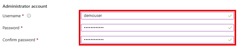 The Virtual Machine Administrator account field is shown with the values set.