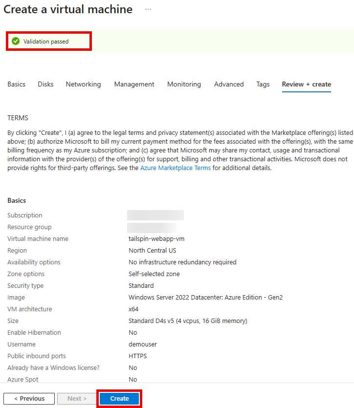 The Validation passed message is shown and the Create button is highlighted.