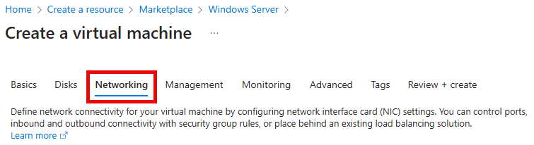 The Networking tab of the Create a virtual machine pane is selected.