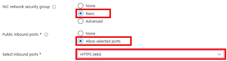 The Public inbound ports field is set to Allow selected ports and the Select inbound ports has HTTPS 443 selected.