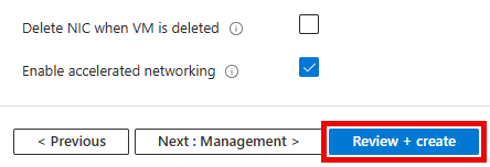 The Review + create button for the Create a virtual machine pane is shown and highlighted.