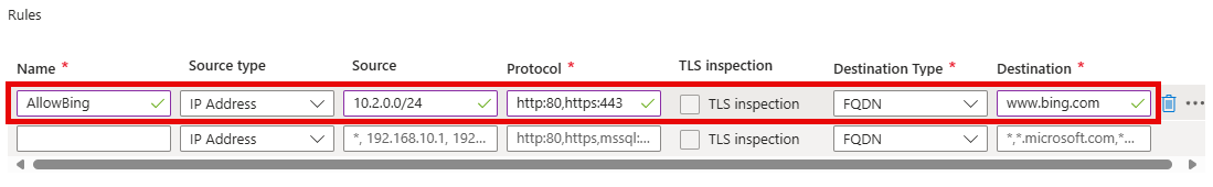 The Add a rule collection pane Rules section is shown, with the values entered.