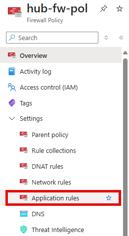 The hub-fw-pol Firewall Policy pane with the Application rules sub-section highlighted.