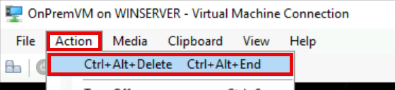 The CtrlAltDel action on the HyperV Manager with the option highlighted.