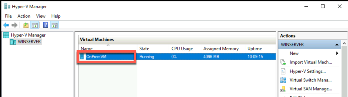 The Hyper-V Manager is shown with the list of virtual machines displayed with the OnPremVM highlighted.