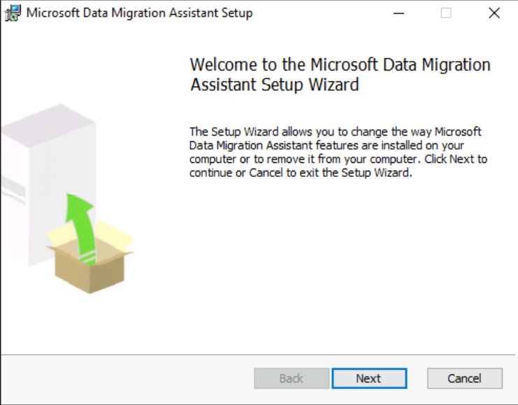 The Microsoft Data Migration Assistant Setup wizard is shown.