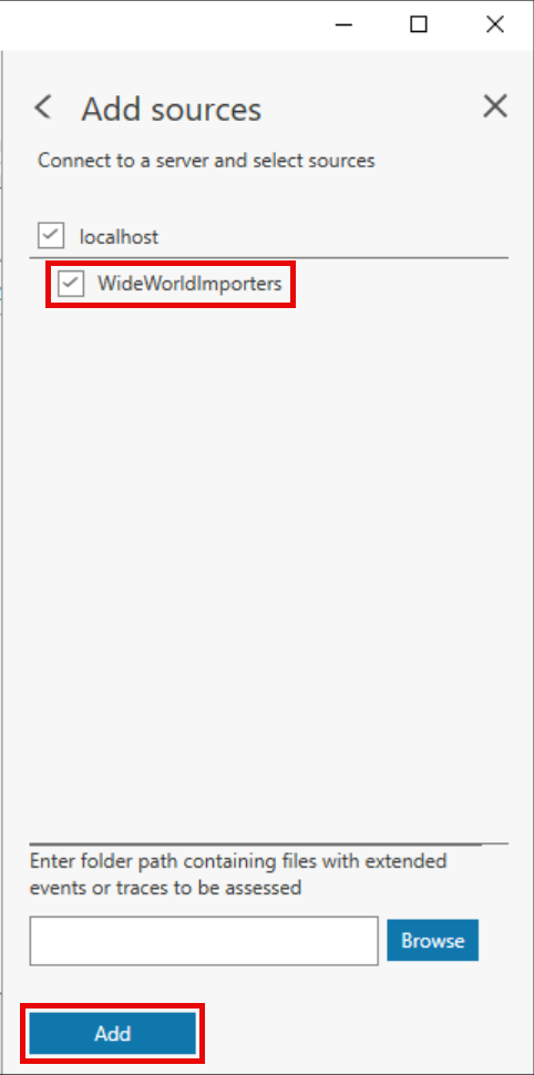 The Add sources dialog box is shown with the WideWorldImporters database selected.