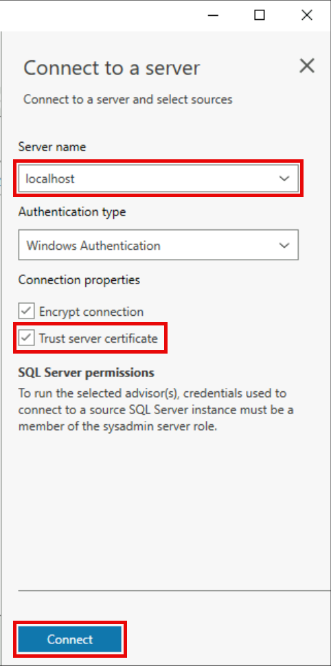 The Connect to a server dialog box is shown with the values entered to connect to localhost and to trust the server certificate.