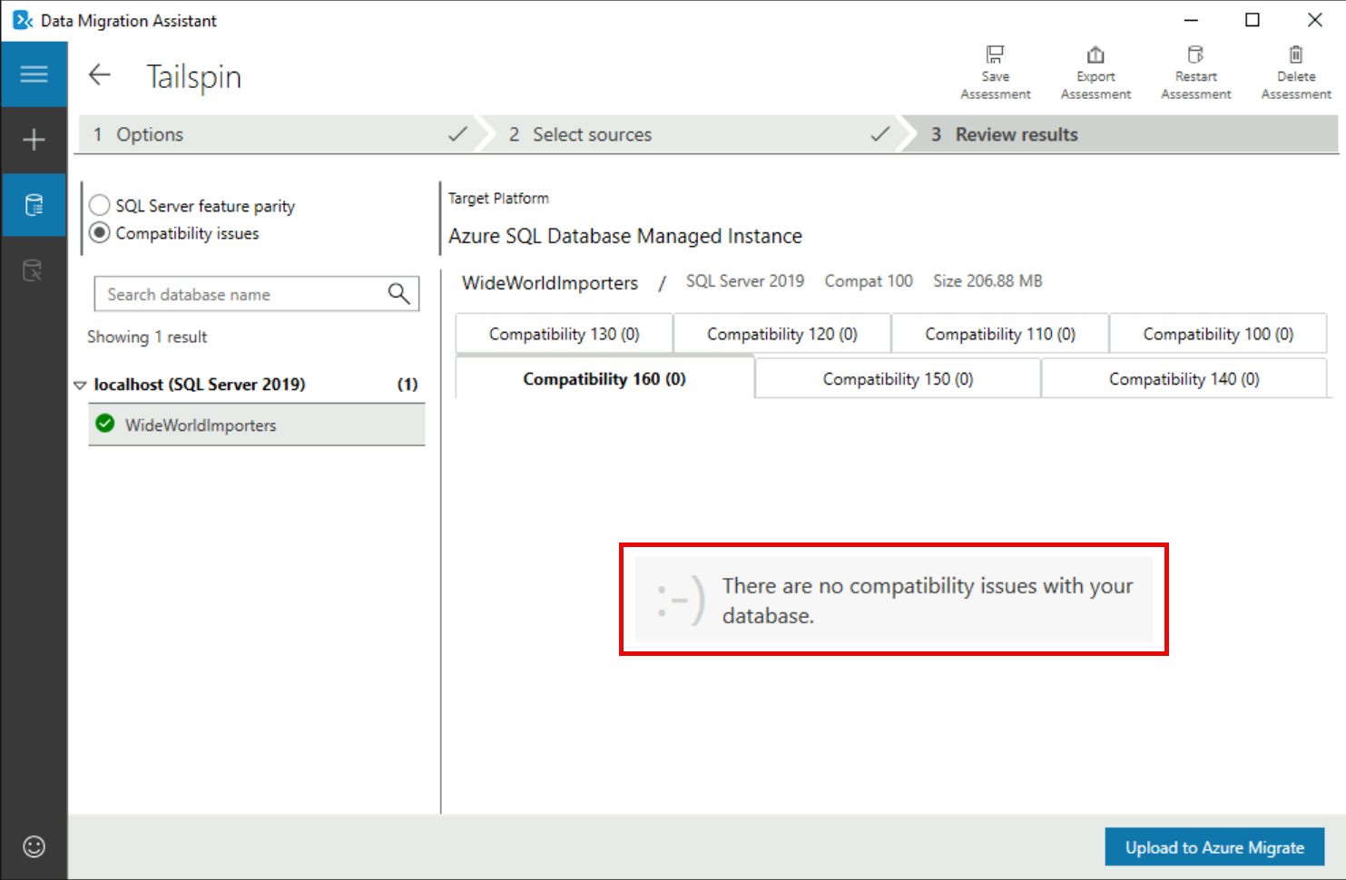 The Review results pane is shown with Compatibility issues selected and showing the 'There are no compatibility issues with your database' message shown.
