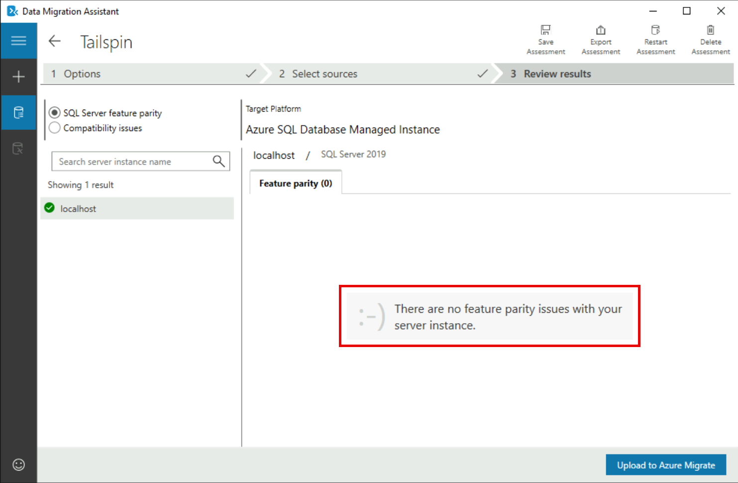 The Review results step is shown with the 'There are no feature parity issues with your server instance' message shown.