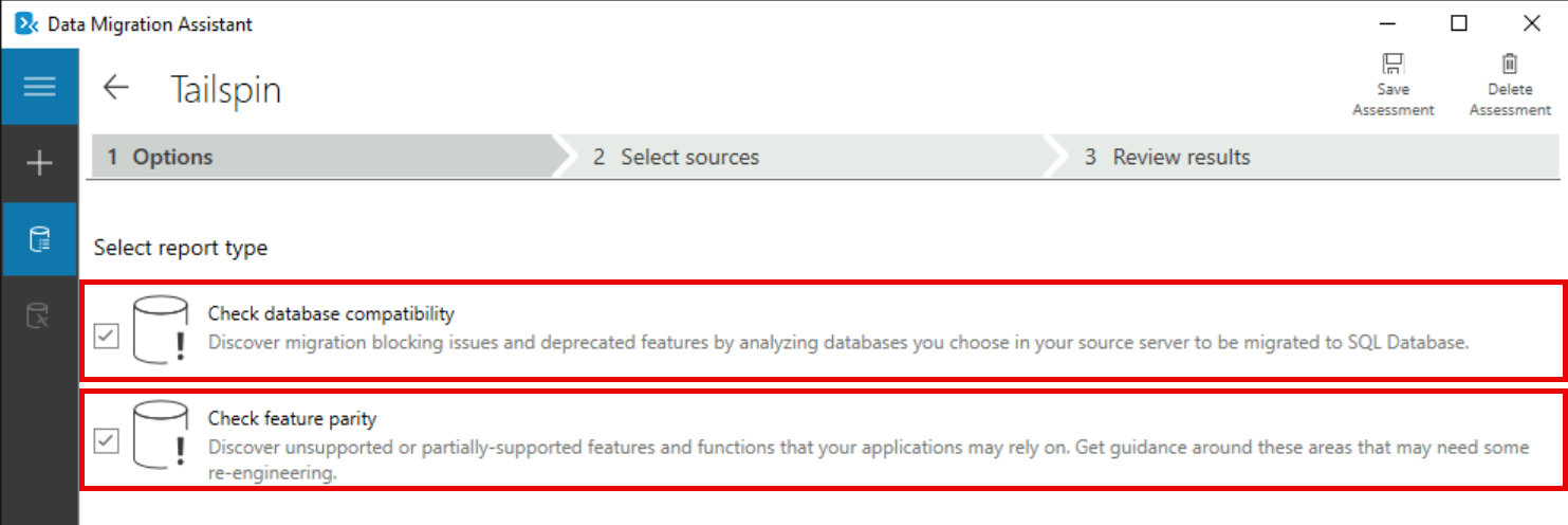 The Options step is shown with Check database compatibility and Check feature parity options selected.