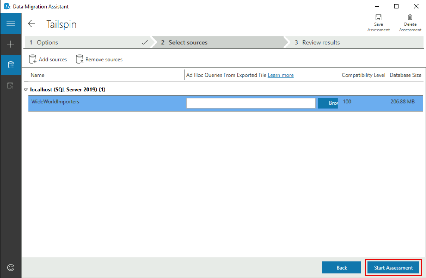 The Select sources step is shown with the WideWorldImporters database shown as previously selected and the Start Assessment button is highlighted.