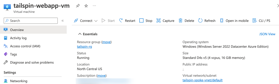 The Virtual machine pane is shown in the Azure Portal for the newly created VM.