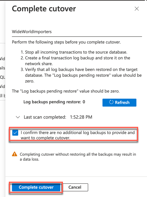 The Complete cutover prompt is shown with the confirmation box checked and the Complete cutover button highlighted.