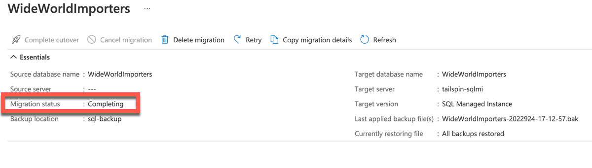 The WideWorldImporters migration is shown in the Azure Portal having a migration status of Completing.
