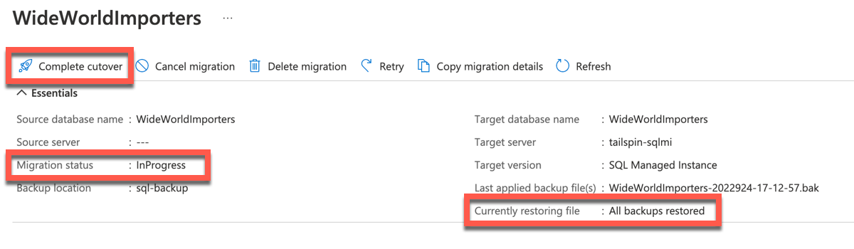 The WideWorldImporters migration is shown within the Azure Portal having a migration status of InProgress