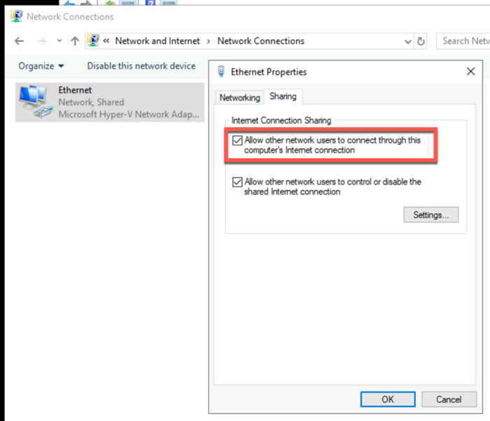 The Ethernet connection properties on the Hyper-V Host VM showing Internet Connection Sharing option highlighted.