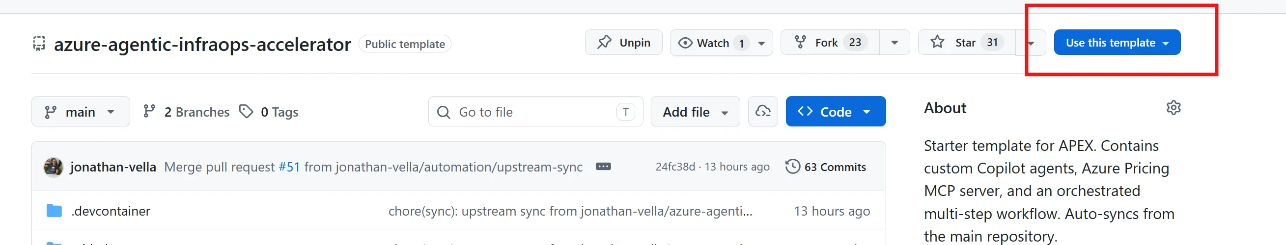 Use this template button on the accelerator repo